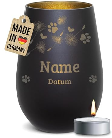 PR Print Royal Trauer Windlicht mit Gravur für Tiere - Pusteblume - mit Name & Datum - Erinnerungslicht, Gedenklicht, Trauergeschenk | inkl. Teelicht, 450 ml, Schwarz/Gold