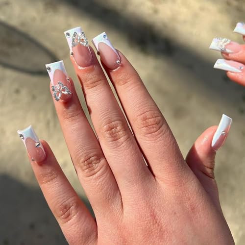 DMQ French False Nails with Glue, 24Pcs White Tip Press on Nails, Square Stick on Nails with 3D Butterfly and Rhinestones, Removable Glue-on Nails Fake Nails for Women Girls Nail Art Accessories