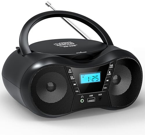 Greadio Portable CD Player Bluetooth 5.1, Boombox with FM Radio & USB & AUX, Mains and Battery Operated, LCD Display, Compatible with CD/CD-R/CD-RW/MP3, CD Player for Home or Outdoor Use