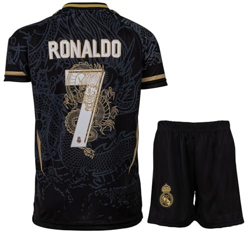PraiseLight R. Madrid #7 Heim Schwarz Drache Limitierte Sonderedition Kinder Trikot mit Kurz, Fußball Geschenk Set Jugendgrößen (Schwarz, 164 (10-11 Jahre))