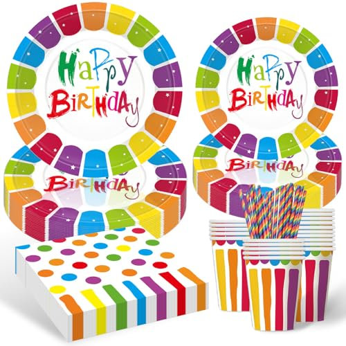 Regenbogen Deko Kindergeburtstag Partygeschirr - Regenbogen Pappteller Kindergeburtstag Party mit Pappbecher, Servietten, Strohhalme, Regenbogen Deko für Gebutstag Party Mädchen Junge (10 Gäste)