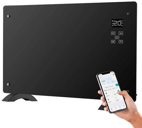 Avilia Termoconvettore Elettrico 1500W in Vetro con Display LED, Comandi Touch, Timer e Tecnologia Avanzata - Fissaggio a Muro o Terra - Compatibilità con Google Assistent e Alexa - 47x77x23cm