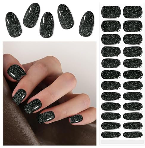 EBANKU Semi Cured Gel Nail Strips, 24PCS Gel Nail Stickers - Long Lasting & Easy to Apply & Remove for Salon-Quality Pedicure | Black Glitter