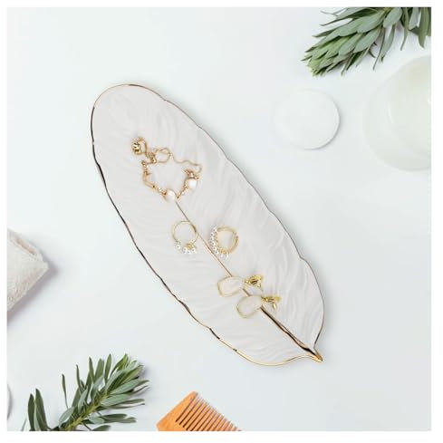 YoHyien Ceramica Piattino Portagioie, Decorativo Piatto Portaoggetti, Piattino Porta Gioielli a Forma di Piuma, Jewelry Bowl, Svuotatasche Ceramica per Anelli, Collane, Braccialetti (Bianco)