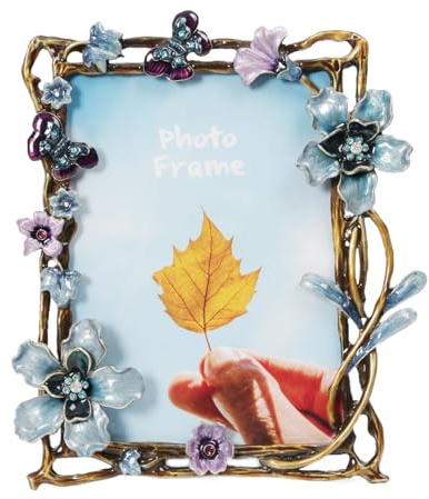 Dekorativer Fotorahmen mit Blumenmuster, Vintage, handbemalt, Metallrahmen, Schmetterlinge und Blumen, für Heimdekoration, 12,7 x 17,8 cm