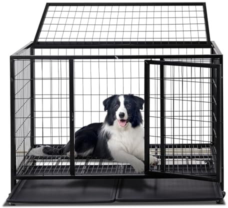 TactFire Hundekäfig hochbelastbar, Mobile Hundebox – 109x76x87 cm, 2 Türen, feststellbare Räder, herausnehmbares Tablett – Für Mittelgroße/Große Hunde – Schwarz