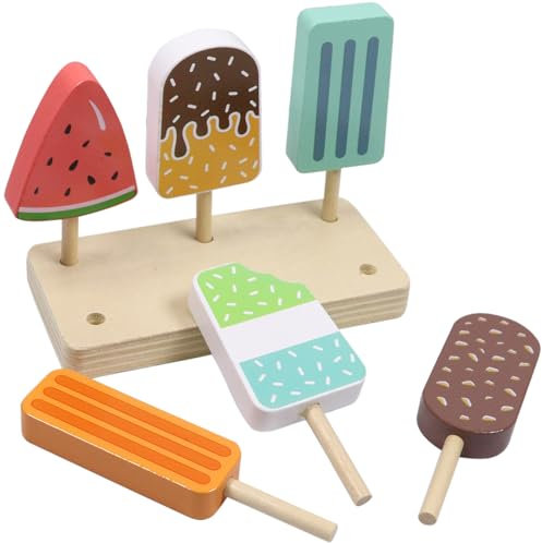 Eisdiele Kinder Holz, EIS Holzspielzeug, 6 Stück EIS Spielzeug für Kinder, Kaufladen Zubehör Holz mit Ständer, Kaufladen Zubehör Geschenk für Mädchen Jungen Montessori Spielzeug 3 4 5 6 Jahre