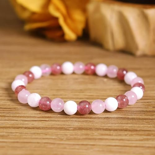 Bracelet de Perles en Quartz Rose et Pierre de Lune et Quartz Fraise pour Femme