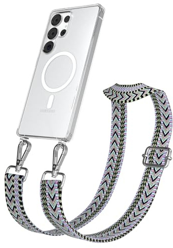 EAZY CASE Handykette - Verstellbares Taschenband kompatibel mit Galaxy S25 Ultra, Schulterriemen, Handykordel mit Silikon Hülle, Qi Charging kompatibel, Umhängetasche, Lila Grün Silber