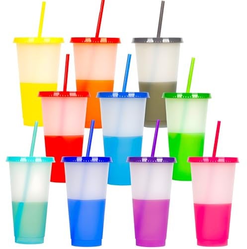 Yisituo 710ml Plastic Cups with Lids and Straws, 10 Pack Reusable Drink Cold Cups, for Parties, Travel, Slushies, and Milkshakes, Iced Coffee(10, White)