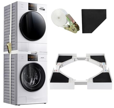 Universal Stacking Kit for Washer and Dryer, Adjustable Stacking Frame Kit Fit for 46-70 cm Washing Machine and Tumble Dryers, Stacking Shelf with Ratchet Ropes and Anti-Vibration Pads