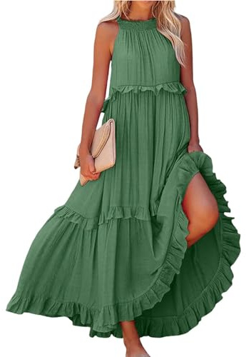 Générique Robe Longue Boheme Mariage Été Robe Plage Courte sans Manches Vetement Femme Ete Coton Boheme Col Rond Summer Dress Mes Commandes Vert XL