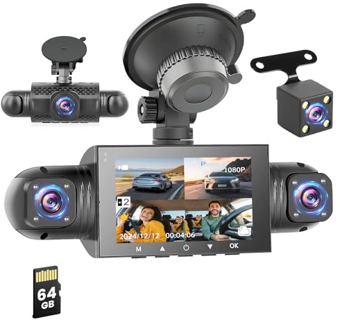 Roinvou 4 Canali Dashcam Auto 360°, 4 Telecamera HD 1080P Anteriore e Posteriore Sinistra Destra, 3 Pollici 1080P Dash Cam con 64 GB Carta 24H Parcheggio/170° Grandangolo/Monitor/G-Sensore/Loop Video