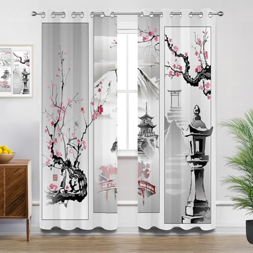 Mistela Blickdichte Gardinen Japanisch - Verdunkelungsvorhang Orientalische Kirschblüte Pagode Asiatisch Vorhang mit Ösen für Schlafzimmer Wohnzimmer - 2er Set - H175 x B140cm, Schwarz Rosa Grau