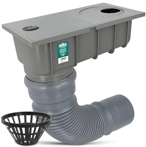 Millto Regensinkkasten 110 mm Regenwasserablauf Dachrinnenablauf Hofablauf Regenrohrablauf Sinkkasten Entwässerung Kontrollschacht mit Sieb und Flexibles Rohr 340-400 mm Grau