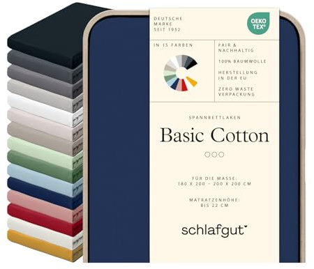 schlafgut Basic Cotton Spannbettlaken 180x200 cm 100% Baumwolle, Blue Deep | Bettlaken, Spannbetttuch 200x200 cm, Blau, Jersey, bis 22 cm Steg, Made in Green, atmungsaktiv