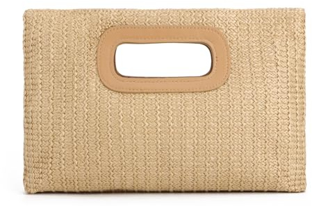 EVEOUT Pochette en Paille Femme,Sac à Main Tressé Été pour Plage Vacances avec Chaîne élégant Clutch de Soirée Sac à bandoulière pour Mariage Fête