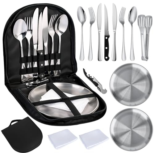 YYTECH Camping Geschirr Set 2 Personen 13 Stück Tragbars Campingbesteck Set aus Edelstahl für Camping, Picknick, Reisen-Inklusive Bestecktasche Edelstahl-Gabeln, Messer und Löffel, Wiederverwendbar