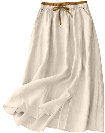 GMQWRK Falda midi de algodón y lino para mujer, moda UK, estilo informal, con lazo elástico en la cintura, abertura en el dobladillo y bolsillos, falda dividida de verano, falda midi, falda de mujer
