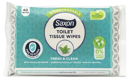 LUNEXA Saxon Toilet Tissue Wipes Fresh & Clean 40 Pack – Biodegradable Flushable Wet Toilet Wipes with Micellar Water, Dermatologically Tested, pH Neutral Personal Hygiene Wipes