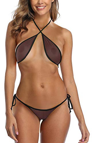 SHERRYLO Bikini en résille transparent - Mini micro bikinis transparent - Haut enveloppant - String brésilien, noir, Taille Unique