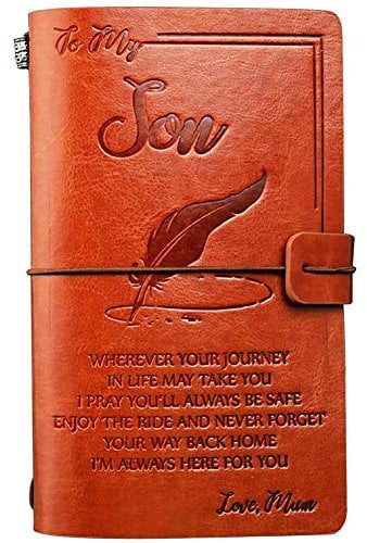 OMNIQI Personalisiertes Leder-Tagebuch für Sohn, Geschenk für Sohn, Geschenk für Jungen/Männer, graviert, ermutigende Nachricht, Reisetagebuch, Skizzennotizbuch, nie vergessen Sie den Weg nach Hause