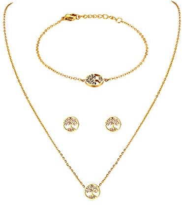 JewelryWe Schmuck Damen Armband Halskette Ohrringe Schmuckset Edelstahl Lebensbaum Anhänger mit Kette, Armkette & Ohrstecker Set für Frau Mädchen Gold