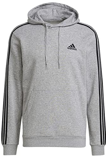adidas Hombre Essentials Fleece 3-Stripes Hoodie, Medium Grey Heather / Black, L