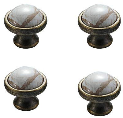 ANSIEDIO 4 Vintage Ceramic Drawer Knobs - Round Kitchen Cabinet Cupboard Door Knobs Pull Handles - Bronze/Marble - Diameter 22mm