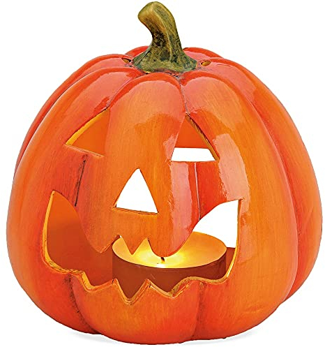Kürbis-Deko als Keramik Halloween-Deko in 17x14 cm - Jack Lantern Halloween-Kürbis als Outdoor Grusel-Deko für LED Teelichter- Kürbis Laterne als innen Herbst-Deko oder Garten-Deko Windlicht