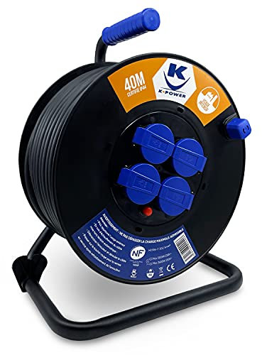 KELI – Enrouleur Rallonge Electrique Professionnel Section 3G2.5mm² H07RNF 16A, 4 Prises à Clapet IP44, Fiche Bleue, Disjoncteur Thermique de Sécurité, Poignée de transport