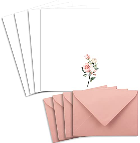 25 Briefpapier-Sets DIN A5 - Naturpapier in Creme mit Rosenzweigen - mit Briefumschlägen DIN C6 in Rosa Briefbogen bedruckbar ideal für Hochzeitseinladungen