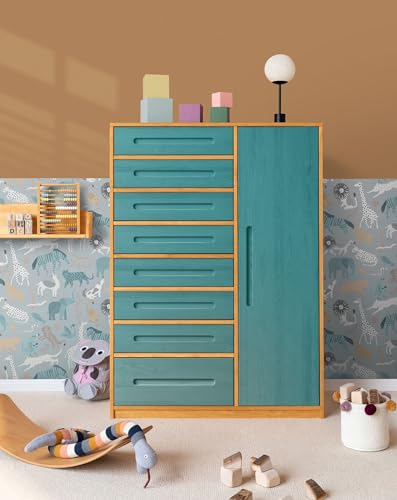 BioKinder Kommode Schubladenschrank Kleiderschrank Kinderschrank Lina mit Tür und 8 Schubladen, aus zertifiziertem Massivholz Erle und Kiefer Ozeanblau lasiert B 110 x H 152 x T 55 cm