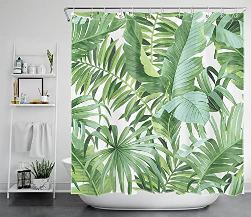 LB Grünes Blatt Aquarell Duschvorhang 180x200cm Palm Bananen Blätter Antischimmel Wasserdicht Badezimmer Vorhänge, Tropische Botanische Pflanze Extra Lange Polyester Stoff Bad Vorhang mit Haken