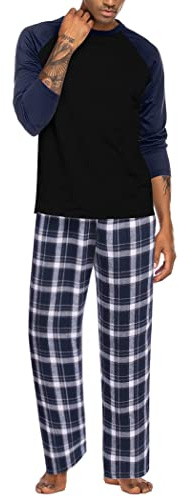 ADOME Schlafanzug Herren Lang Winter Pyjama Set Kariert Hose Blau+Schwarz M | Winter-Langarm-Pyjama-Set mit Schlafshorts und Taschen in S-2XL;bequem für Männer,Senioren,Zuhause,Reisen und Krankenhaus