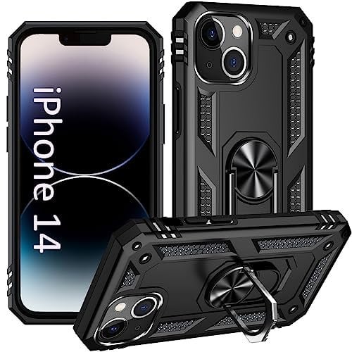 ADDIT iPhone 14 Case with Ring Holder Stand, Magnet Car Mount, Military Grade, Heavy Duty, Black