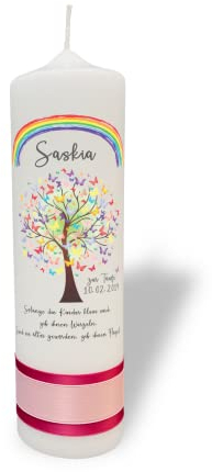 Taufkerze Lebensbaum mit Schmetterlingen und Regenbogen