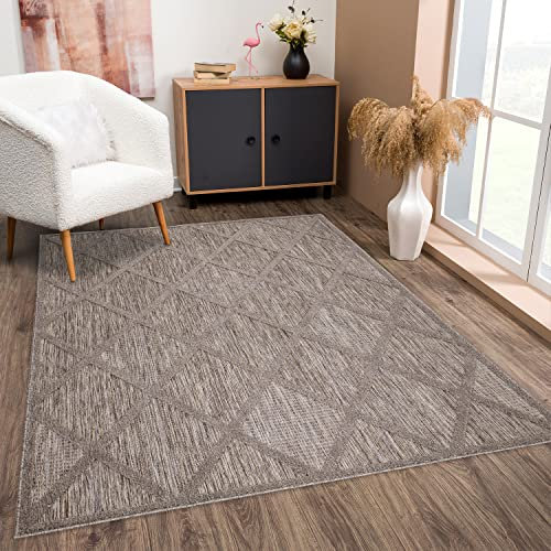 payé Teppich Wohnzimmer - Boho Braun 160x230cm - Raute Optik - Teppiche für Balkon Terrasse Garten - Hochtief 3D Effekt - Indoor Outdoor Schlafzimmer Esszimmer