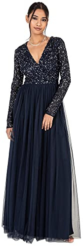 Maya Deluxe Women's Ladies Maxi for Women With Long Sleeves V Neckline Plunging Sequin Embellished Wedding Gue Dress, Navy, 16 UK
