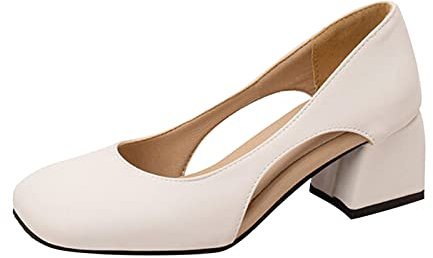 Chaussures noires pour femme - Tendance - Couleur unie - En cuir - Tête carrée creuse - Décontractée - Chaussures à talons hauts - Bout ouvert, Blanc 2, 38 EU