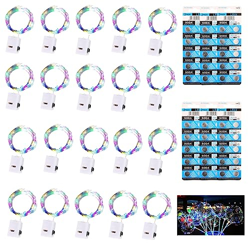 Dooozy 20 Stück Micro LED Lichterkette und 120 Batterie, 2M 20 Led Lichterkette 3 Modi Batterie Kupfer Drahtlichterkette Wasserfest für Weihnachten Außen Garten, Innen Hochzeit, Party(Bunt)