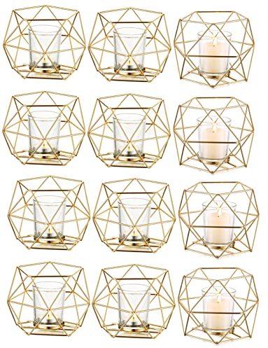 Hewory Teelichthalter Gold Geometrische Metall: 12er Set Teelichthalter Glas Windlicht Goldene Tischdeko, Kerzenständer Gold für Deko Wohnzimmer Modern Hochzeit Weihnachten