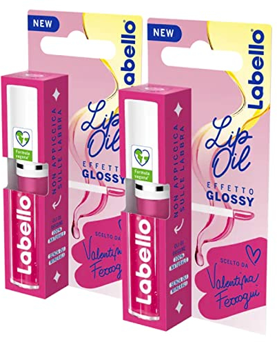 Labello Lip Oil Glossy Lip Glanz Effekt Farbe Pink Rock Lip Glanz mit veganer Formel Volumeneffekt 100% natürlich - 2 Sticks
