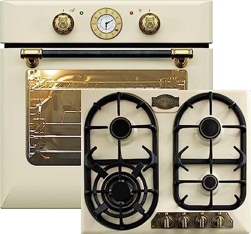 Kaiser Herdset Autark Einbaubackofen EH 6432 ElfBE Eco+KG 6325 ElfEm, Retro Einbau Backofen Elektro, Drehspieß, 10 Funktionen+ Retro Einbau Gasherd Kochfeld, 60cm, Emailliert Elfenbein