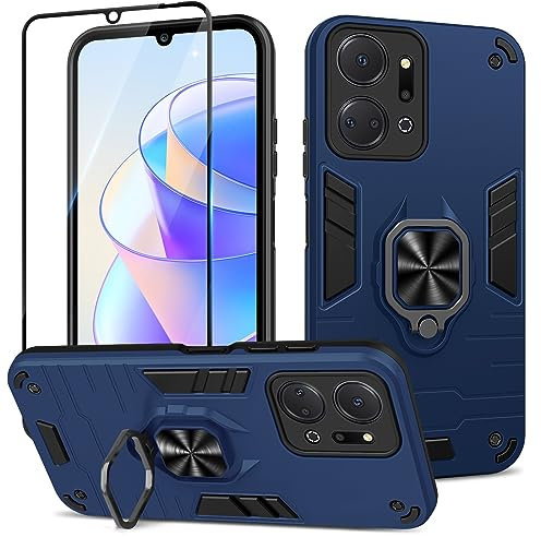 Btstring Funda para Honor X7a 2023 con Cristal Templado Protector Pantalla, Carcasa Antigolpes con Soporte anular metálico, Case Protectora de Grado Militar, Azul
