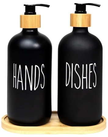 Intirilife 3-teiliges Seifenspender Set aus Glas in Schwarz mit Bambus Tablett - 500 ml Füllmenge - 17.5 x 8.8 x 20.6 cm - 2 Spender für Seife und Geschirrspülmittel Handseifenspender für Küche Bad