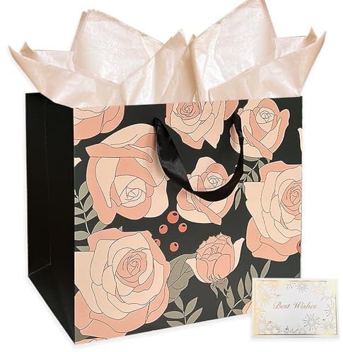 AMROSE Large 13’’ Rose Gift Bags with Card and Tissue Paper, Recyclable Paper Gift Bag for Birthdays, Mother's Day, Wedding, Engagement, Thanksgiving, Valentine's Day and more, Black