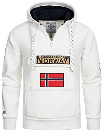 Geographical Norway GYMCLASS - Felpa con cappuccio e tasca a marsupio da uomo, con logo della marca e maniche lunghe, bianco, L
