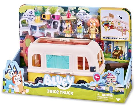 Bluey Juice Truck Playset BLY48000 Jouet de Camion de jus, 3 Figurines articulées de la série, Accessoires de Nourriture et Autocollants décoratifs pour garçons et Filles à partir de 3 Ans