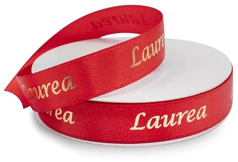 Decoraparty Nastrino in Doppio Raso Rosso spessore 15 mm con Scritta Laurea Oro, Rotolo Nastro Decorazione Dorata in Poliestere per Confettata, Bomboniera, Laureato, Celebrazione - 15 mm x 25 mt